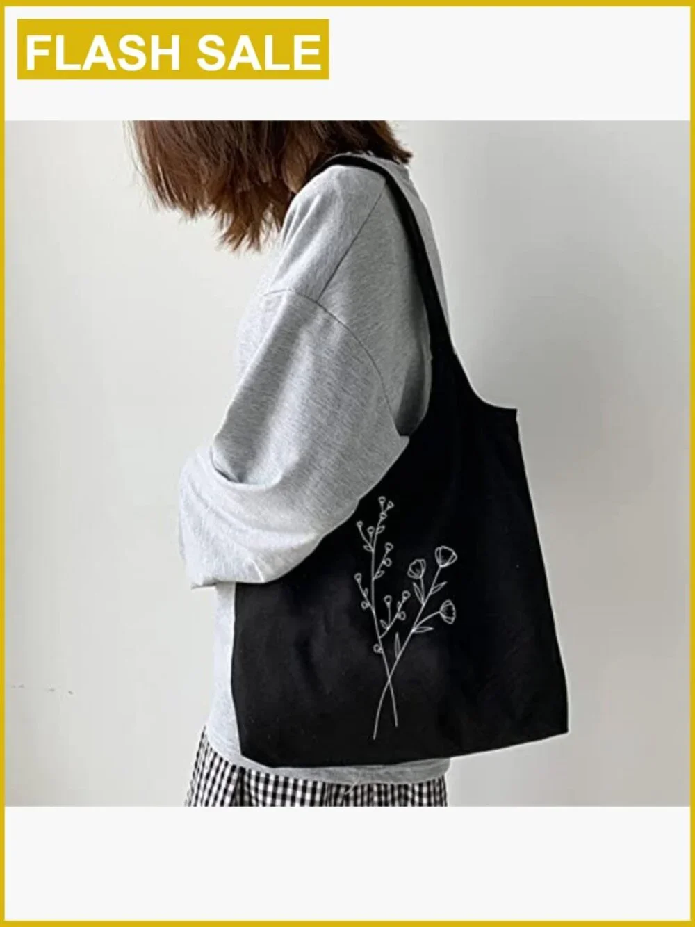 Canvas Tote Bag Floral Line Art Reusable Grocery Shopping Bag with Makeup Pouch